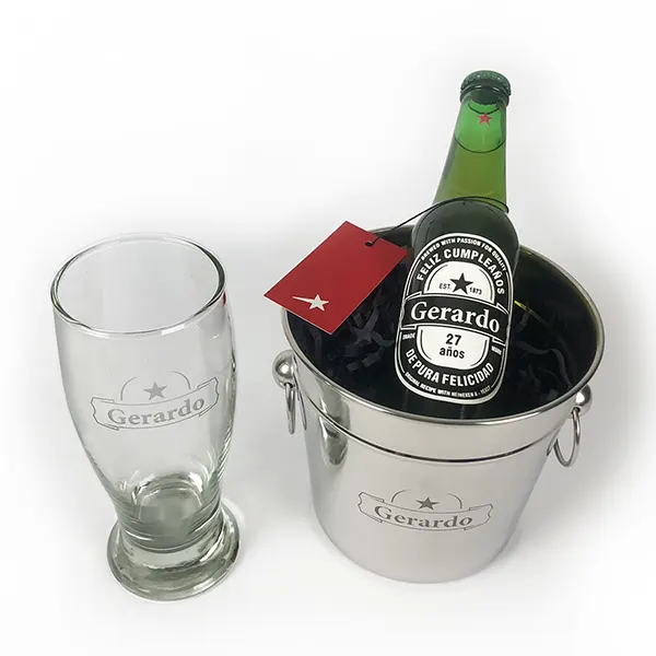 set cerveza vaso hielera grabado personalizado